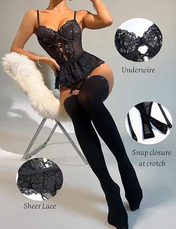 A woman models a black lace and mesh bustier-style lingerie bodysuit with sheer black thigh-high stockings. Three circular inset detail callouts show the underwire, sheer lace, and snap closure at the crotch.