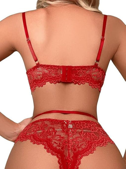Laven & Ivory Pink Lace Underwire Garter Lingerie Set with Stockings