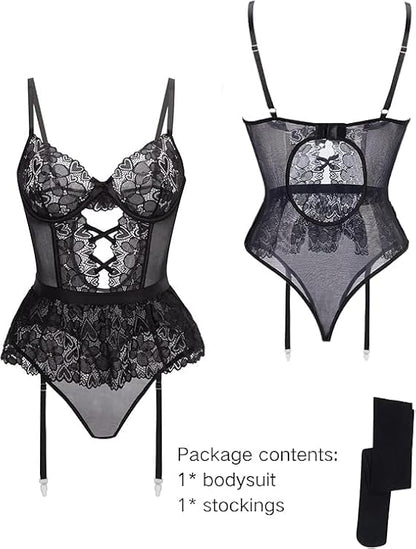 Black lace and mesh bodysuit lingerie set with matching stockings, shown from front and back on a white background with package contents text.