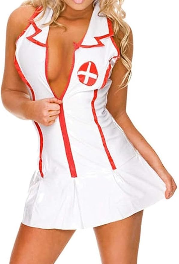 White Nurse Costume - Style A, dress with G-string and headband
