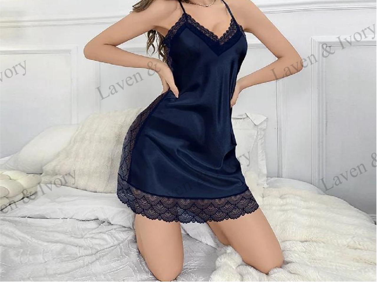 Laven & Ivory Satin Nightdress Lingerie for Women – Lace Slip Summer Sleepwear Gown