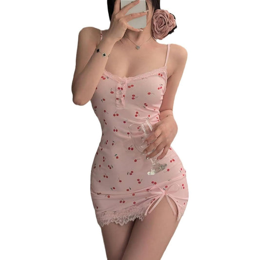 Women Lingerie Set Sexy Padded Babydoll Nightwear Sweet Flower Cherry Mini Dress Slit Lace Trim Sleeveless Chemise Naughty Outfits Bedroom Cute Loungewear Nightdress