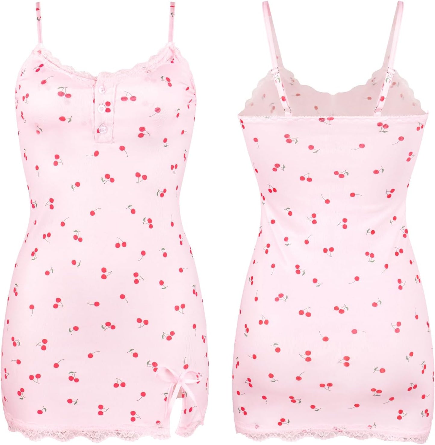 Women Lingerie Set Sexy Padded Babydoll Nightwear Sweet Flower Cherry Mini Dress Slit Lace Trim Sleeveless Chemise Naughty Outfits Bedroom Cute Loungewear Nightdress