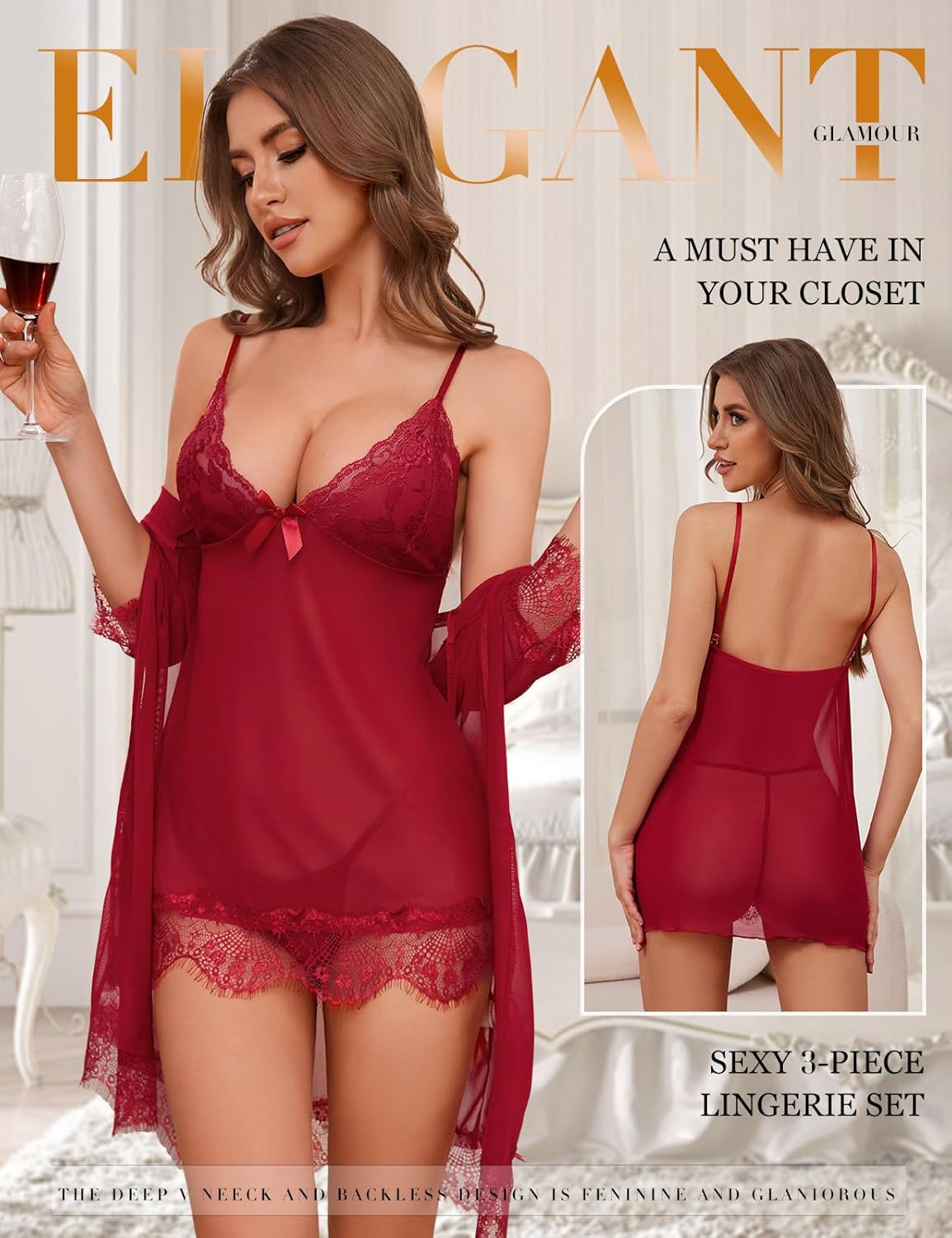 Laven & Ivory Sexy Lingerie for Women Sets Nightwear with G-String Robe Lace Babydoll Mesh Chemise Nightdress Sleepwear V Neck Dress Bridal Lingerie