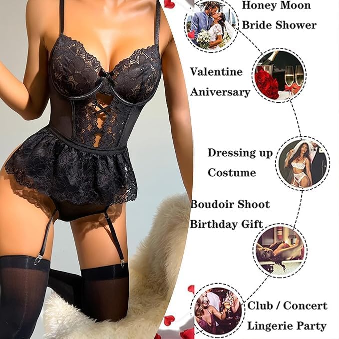 Black lace lingerie bodysuit with garter straps and thigh-high stockings, shown on a cropped female model against a white background with event-themed circular photos and text on the right.