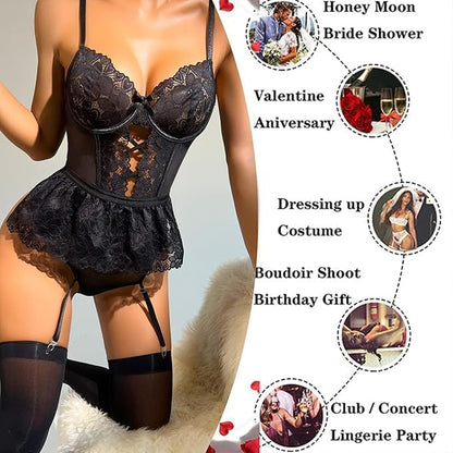 Black lace lingerie bodysuit with garter straps and thigh-high stockings, shown on a cropped female model against a white background with event-themed circular photos and text on the right.