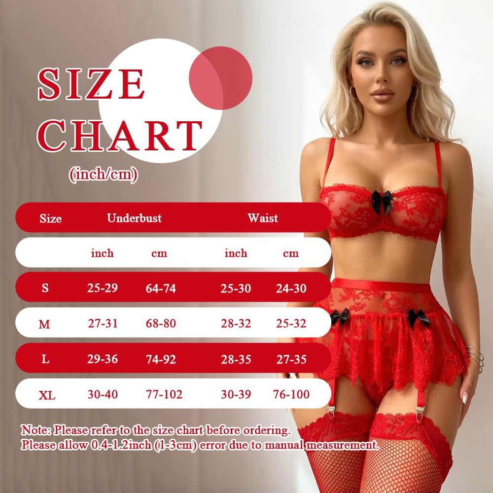 Red Lace Garter Lingerie Set size chart