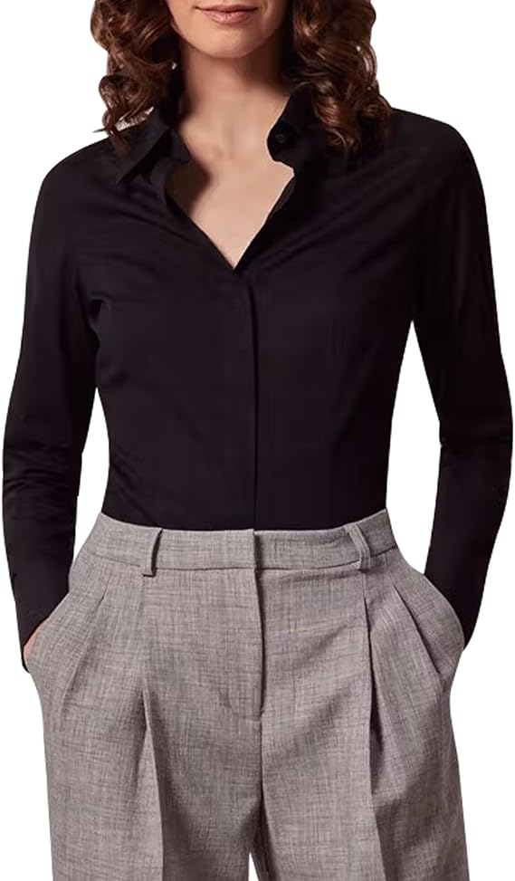 Women's Long Sleeve Plain Dress Shirt Fitted Stretch Executive Office Business Casual Shirt Blouse with Single Cuff