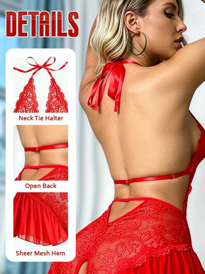 Red Floral Lace Teddy Bodysuit detail