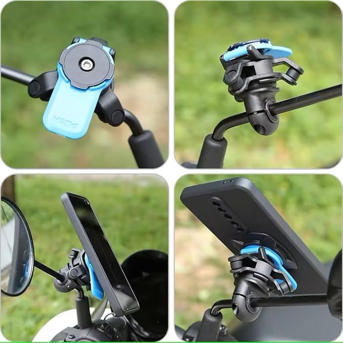 Motorcycle mirror phone mount with quick-release feature for convenient phone access