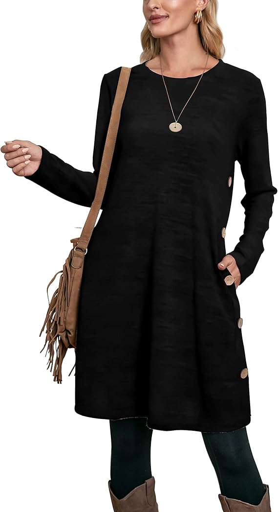 Jumper Dress for Women Long Sleeve Dress Ladies Button Tunic Dress with Pockets