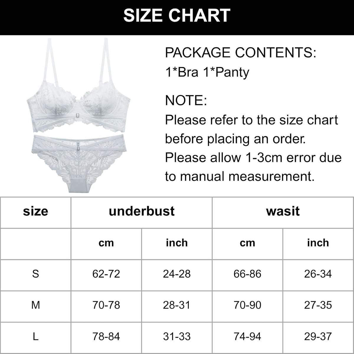 Lace Bra & Knickers Set size chart