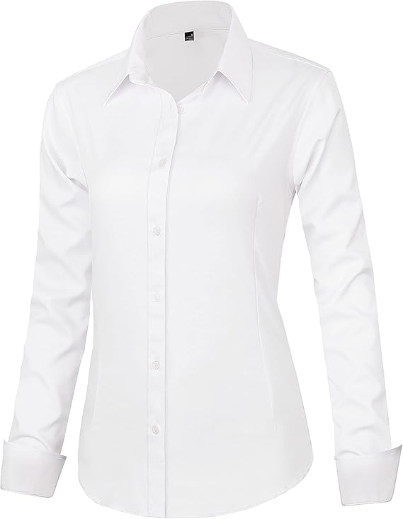 Women's Long Sleeve Plain Dress Shirt Fitted Stretch Executive Office Business Casual Shirt Blouse with Single Cuff