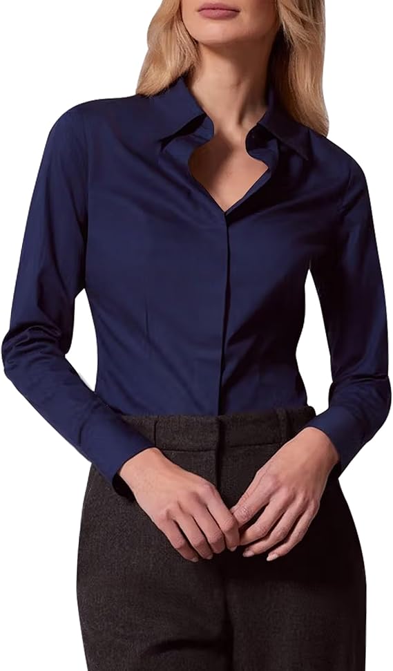 Women's Long Sleeve Plain Dress Shirt Fitted Stretch Executive Office Business Casual Shirt Blouse with Single Cuff