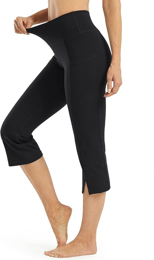 Yoga Capris for Women Bootcut Yoga Pants with Pockets High Waisted Front Split Crop Bootleg Workout Capri Leggings