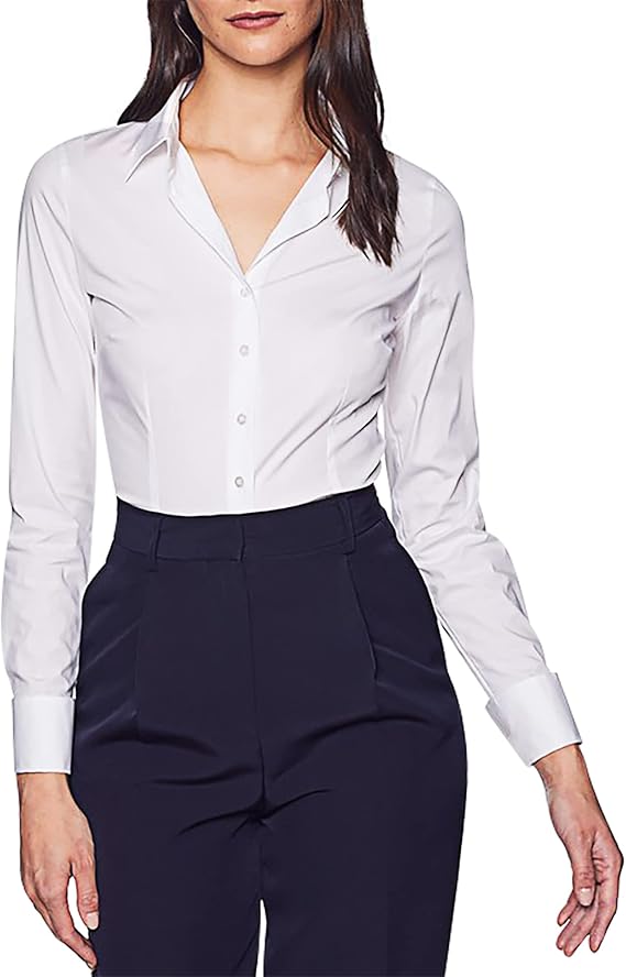 Women's Long Sleeve Plain Dress Shirt Fitted Stretch Executive Office Business Casual Shirt Blouse with Single Cuff