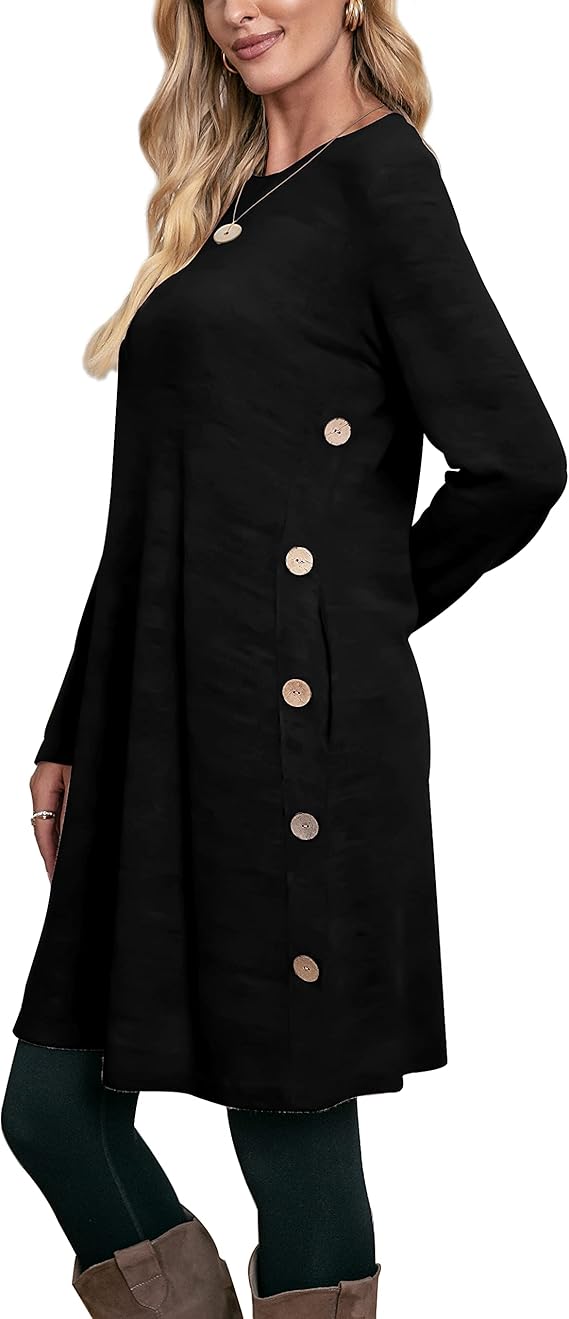 Jumper Dress for Women Long Sleeve Dress Ladies Button Tunic Dress with Pockets