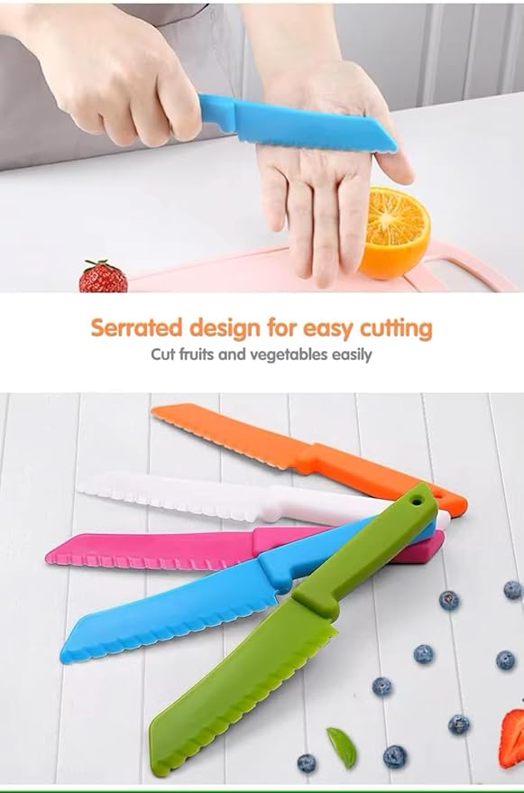 Laven & Ivory Colorful Kids Plastic Kitchen Knife Set for Chopping, 8-Piece, Lightweight Serrated Knives for Kids and Adults