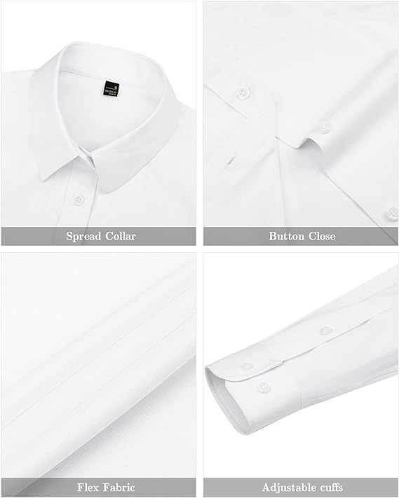 Women's Long Sleeve Plain Dress Shirt Fitted Stretch Executive Office Business Casual Shirt Blouse with Single Cuff