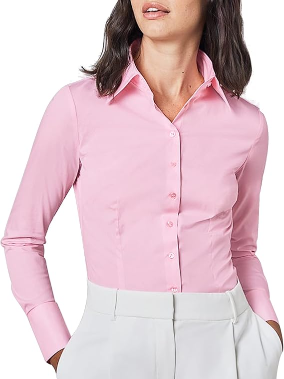 Women's Long Sleeve Plain Dress Shirt Fitted Stretch Executive Office Business Casual Shirt Blouse with Single Cuff