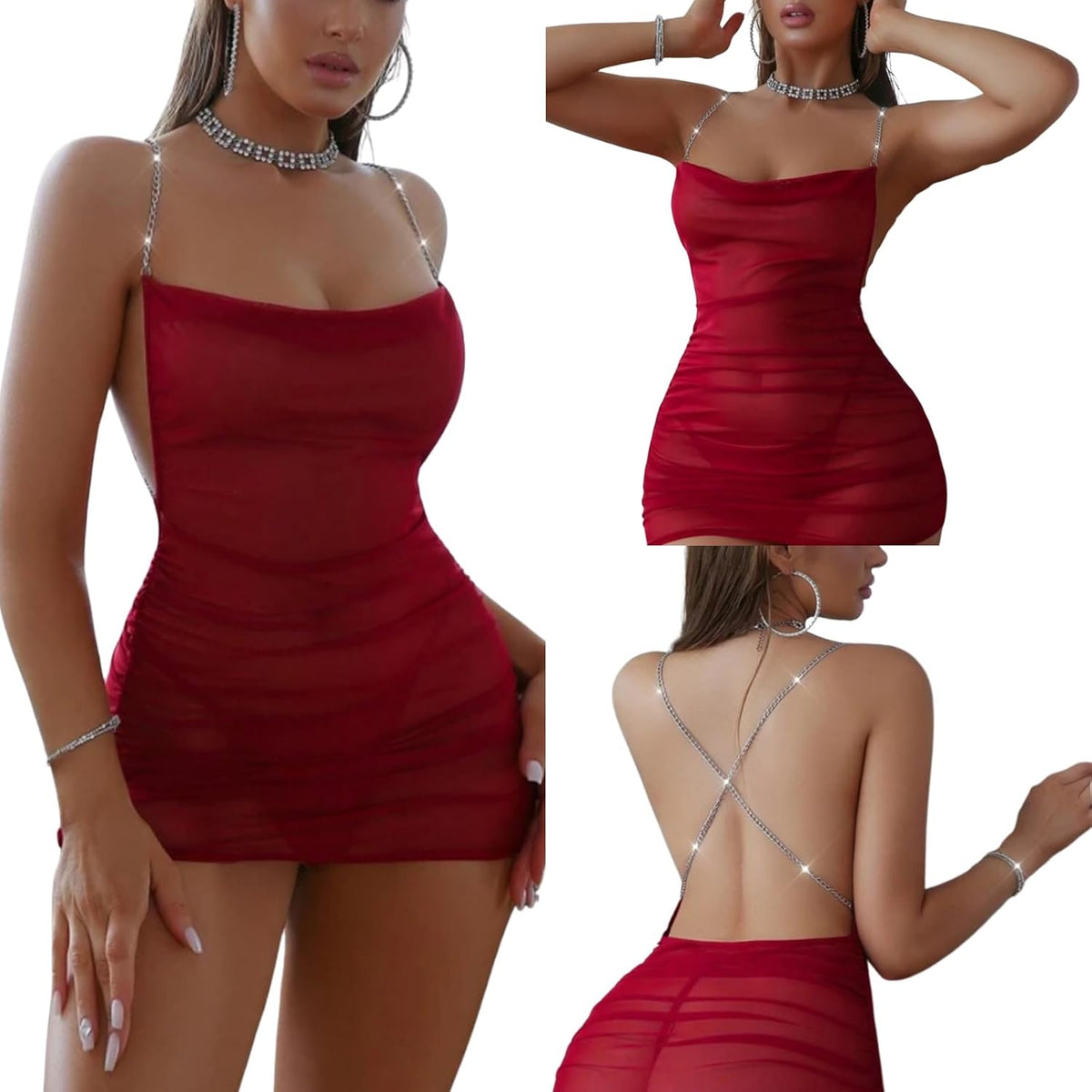 Red Sheer Mesh Mini Dress detail