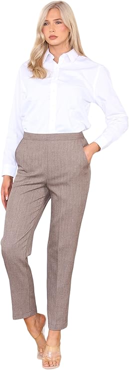 Ladies Half Elastic Stretch Waist Herringbone Trouser Inside Leg 25 Inches (Short) Everyday Wear Winter Pants