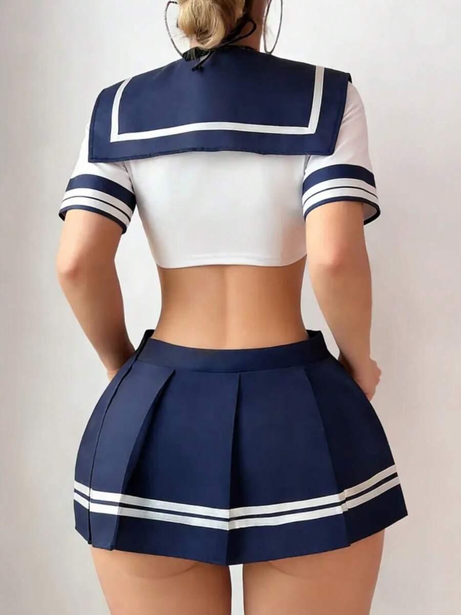 Laven & Ivory Cosplay School Uniform 3-Piece Set (Top, Pleated Skirt, G-String), Yuzu Party Outfit, Innocent Split Student Uniform, Suitable For Valentine's Day, Halloween, Kawaii Role Play Sailor Suit