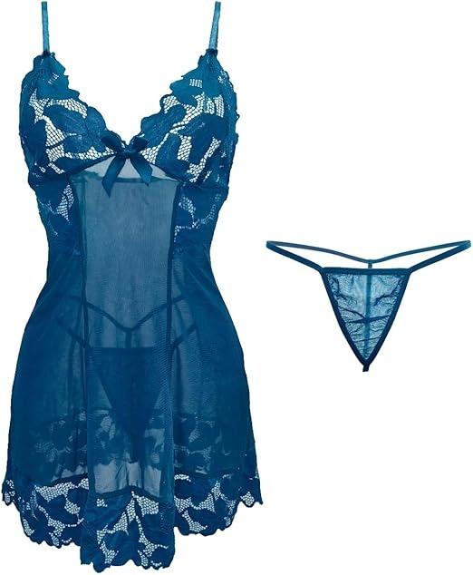 Womens Mesh Floral Lingerie Nightwear 2 Pieces, Lace Spaghetti Strap Nightdress Chemises with G-String for Women UK, Ladies Sheer Bow Tie Negligees V Neck Babydoll Nightgown