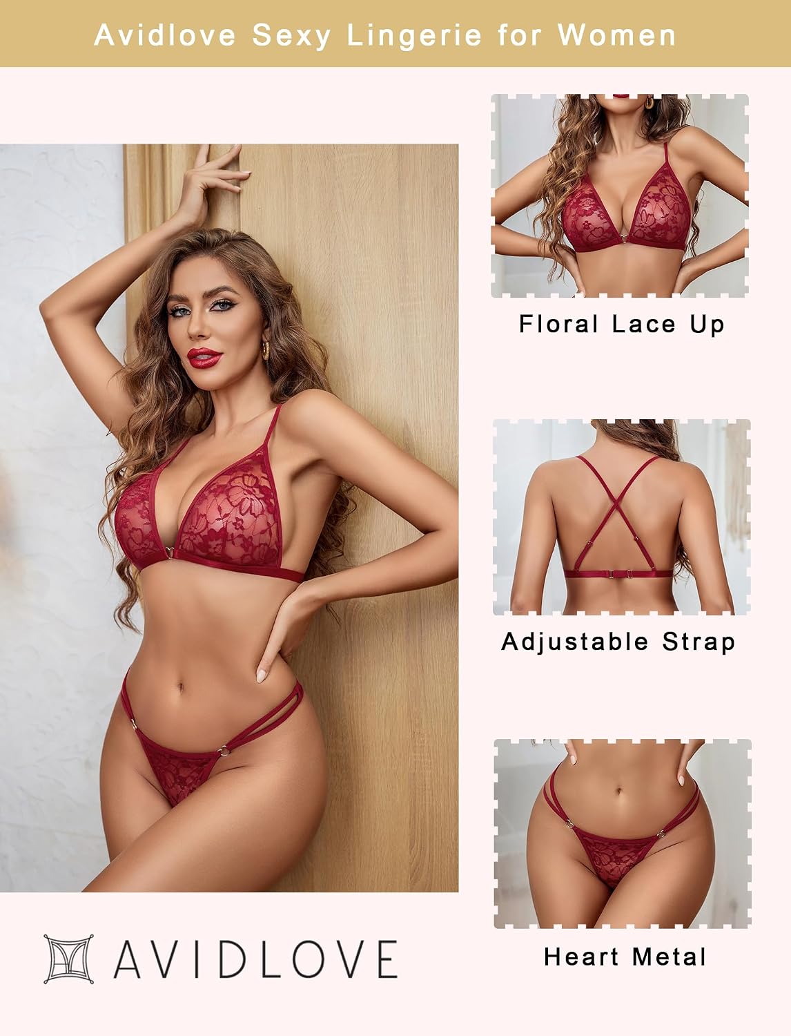Wine Red Lace Bra & Thong Set detail
