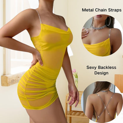 Yellow Sheer Mesh Mini Dress detail