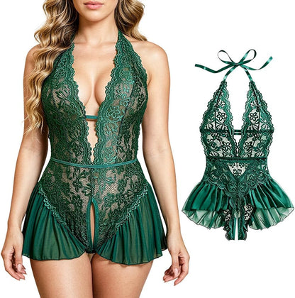 Dark Green Floral Lace Teddy Bodysuit
