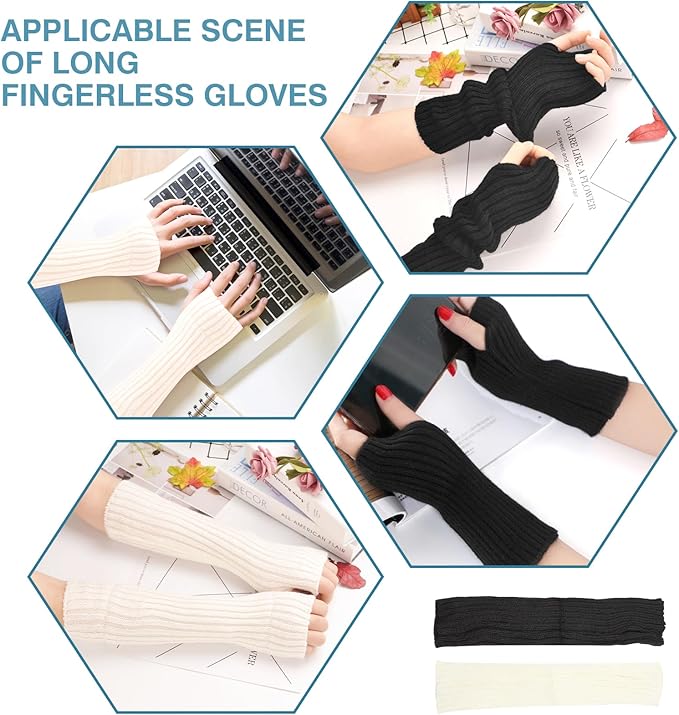 2 Pairs Long Arm Warmers & Sleeves, Fashion Arm Warmers with Thumb Hole for Women, Men