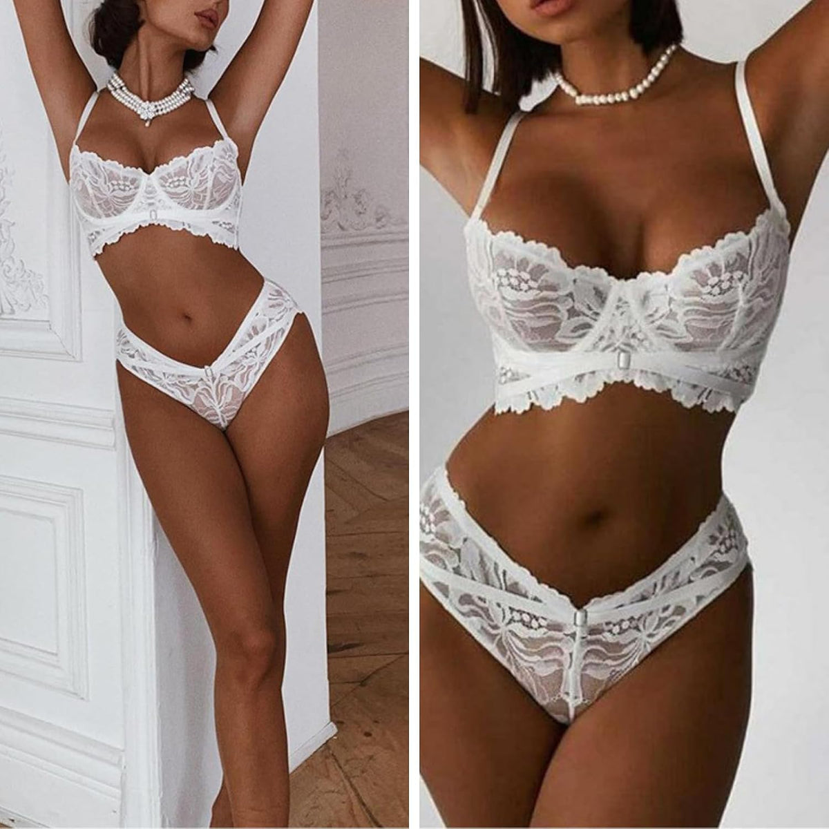White Lace Bra & Knickers Set detail