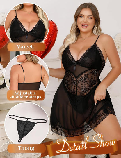 Black Plus Size Lace Babydoll detail
