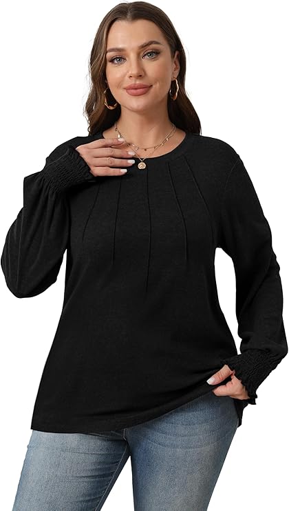 Ladies Jumpers Long Sleeve Tops Womens-Crew Neck Sweatshirt Pleated Tunic Shirt Womens Tops