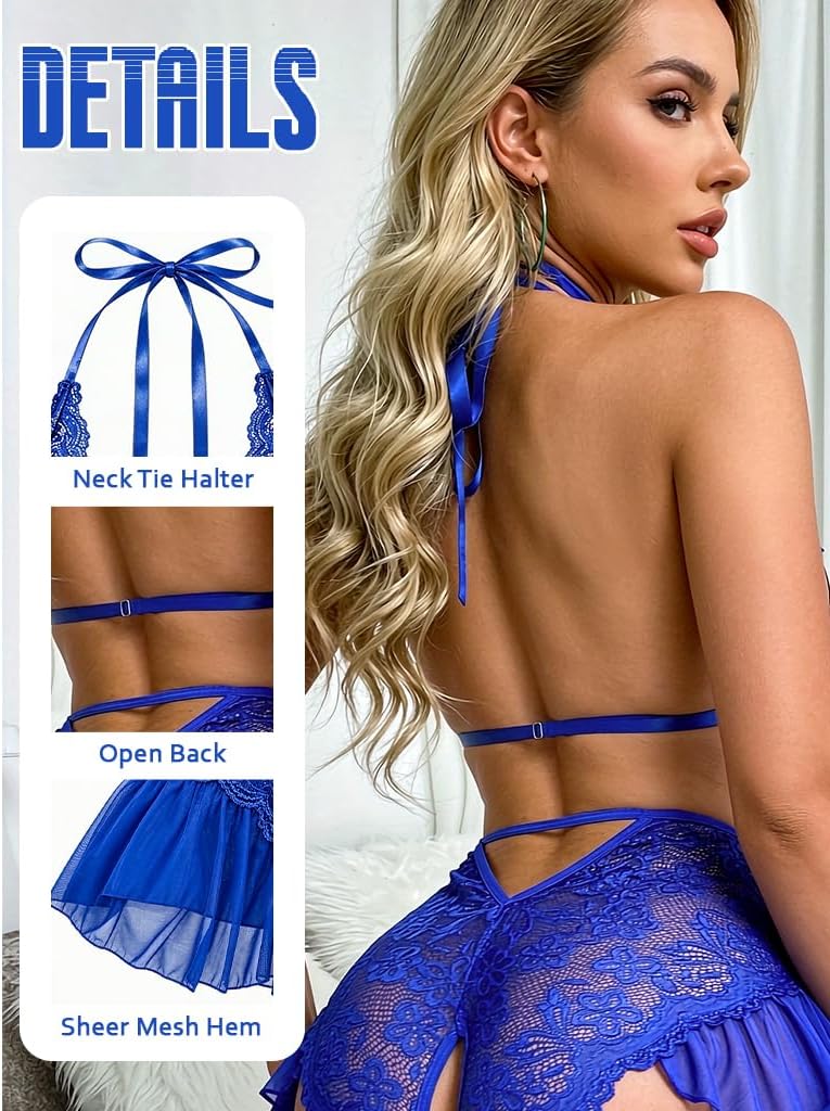 Royal Blue Floral Lace Teddy Bodysuit detail