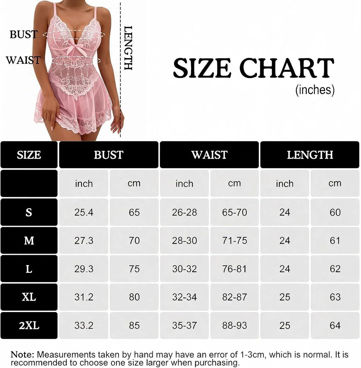Lace Babydoll Chemise size chart