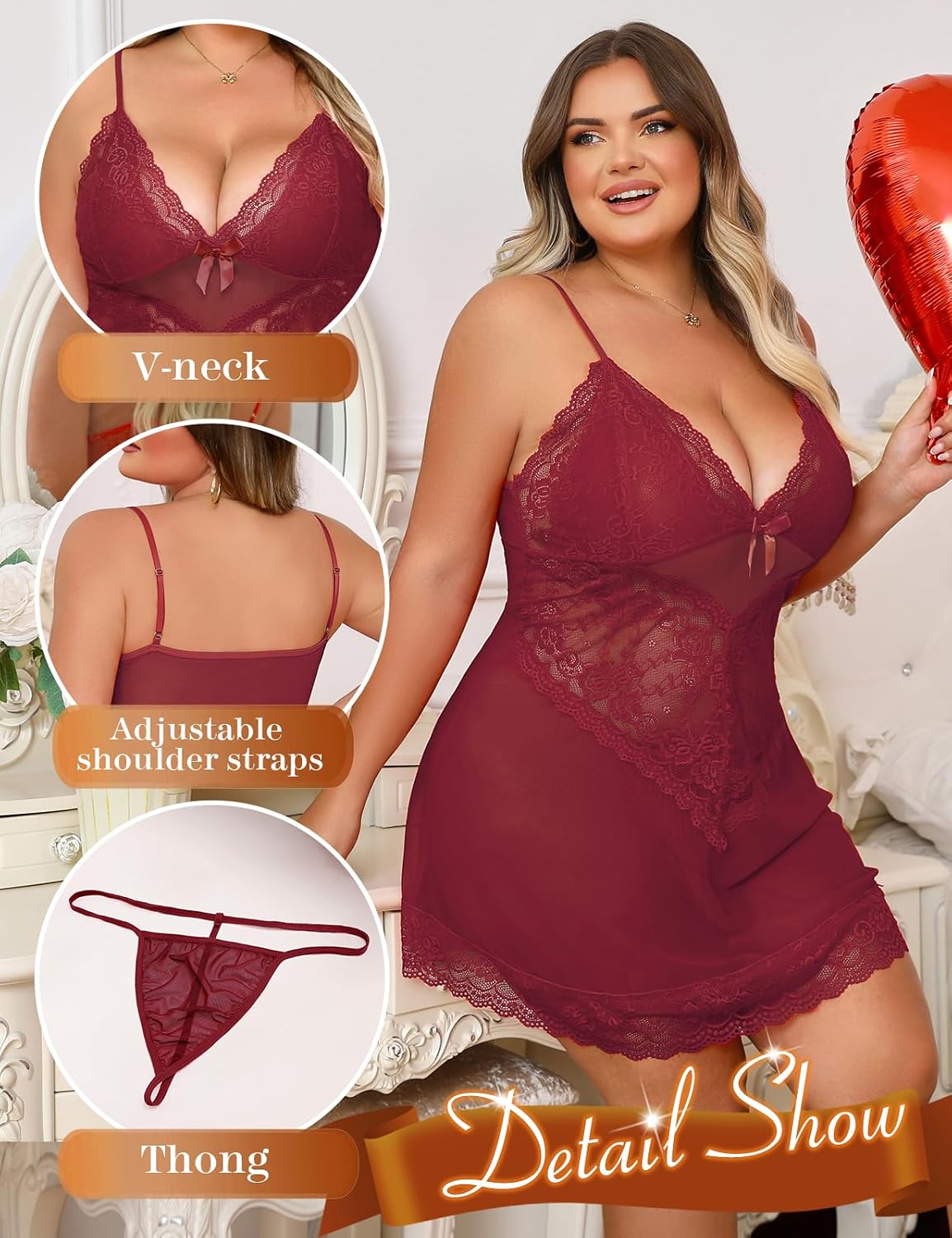 Burgundy Plus Size Lace Babydoll detail