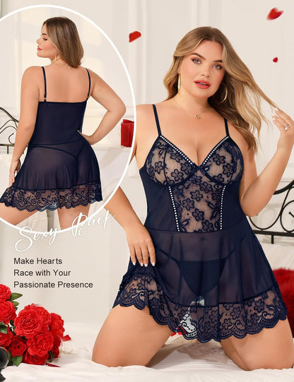 Navy Plus Size Lace Babydoll detail