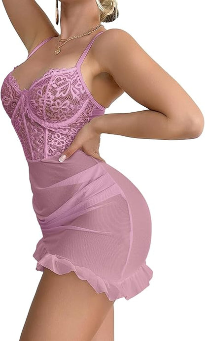 Laven & Ivory Babydoll Lace Lingerie Set for Women – Underwired Mesh Chemise Nightwear | Bridal Womenswear Lingerie | Comfortable Breathable Lingerie for Hen Nights, Anniversary & Trousseau