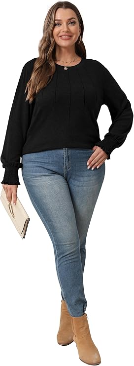 Ladies Jumpers Long Sleeve Tops Womens-Crew Neck Sweatshirt Pleated Tunic Shirt Womens Tops