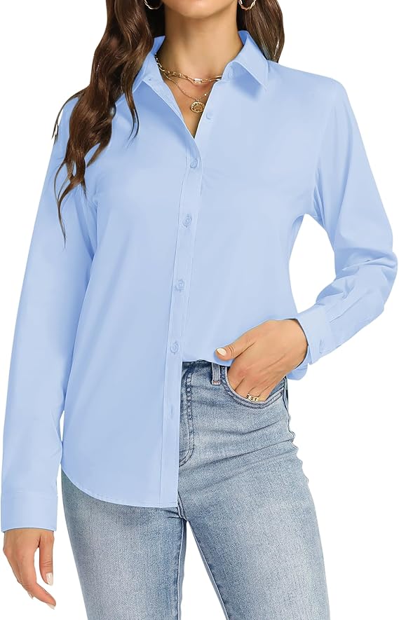 Women's Long Sleeve Dress Shirt Stretch Solid Regular Fit Button Down Shirt Wrinkle-Free Work Office Business Casual Ladies Blouse