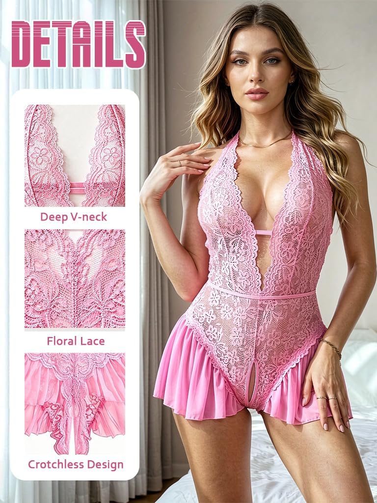 Pink Floral Lace Teddy Bodysuit detail