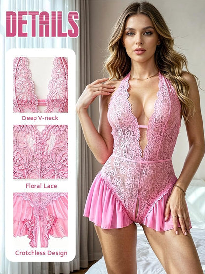 Pink Floral Lace Teddy Bodysuit detail