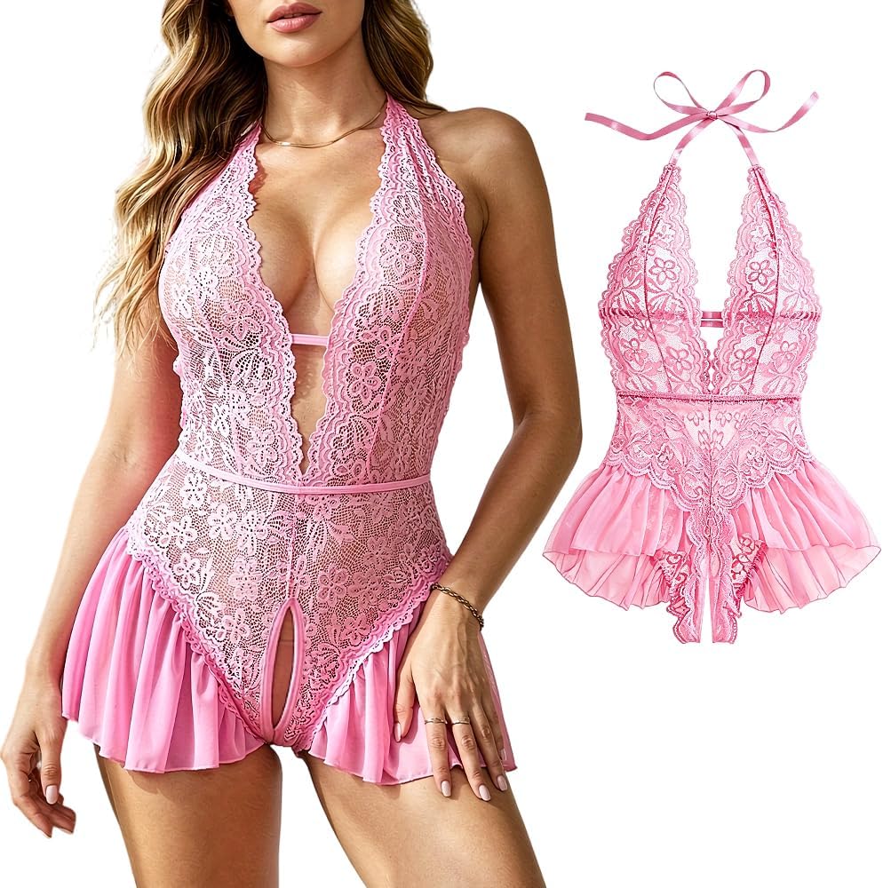 Pink Floral Lace Teddy Bodysuit