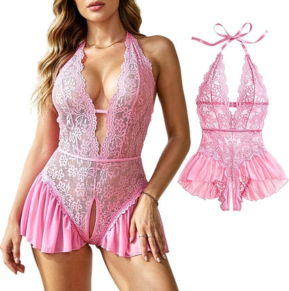 Pink Floral Lace Teddy Bodysuit