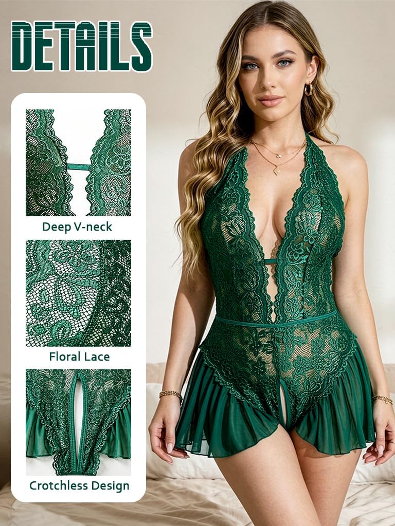 Dark Green Floral Lace Teddy Bodysuit detail