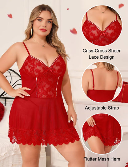 Red Plus Size Lace Babydoll detail