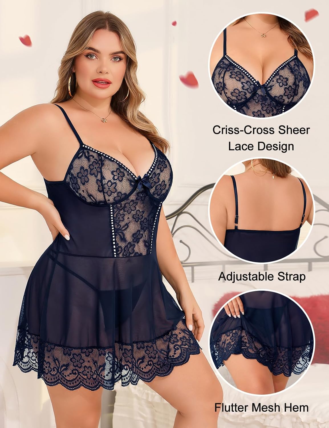 Navy Plus Size Lace Babydoll detail