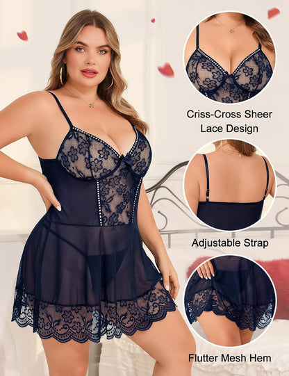 Navy Plus Size Lace Babydoll detail